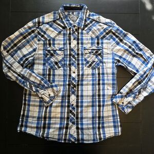 BKE Blue White and Black Plaid Button Snap Shirt XL
